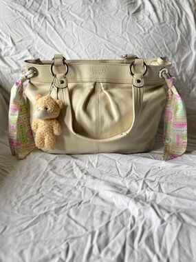 Coach Cream Leather Tote with Pink & Green Logo Scarf